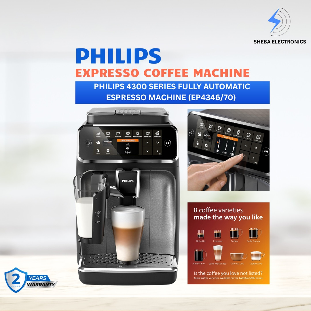 Philips 4300 Series Fully Automatic Espresso Machine (EP4346/70) – LatteGo, 8 Coffee Varieties, TFT Display, 15 Bar Pressure